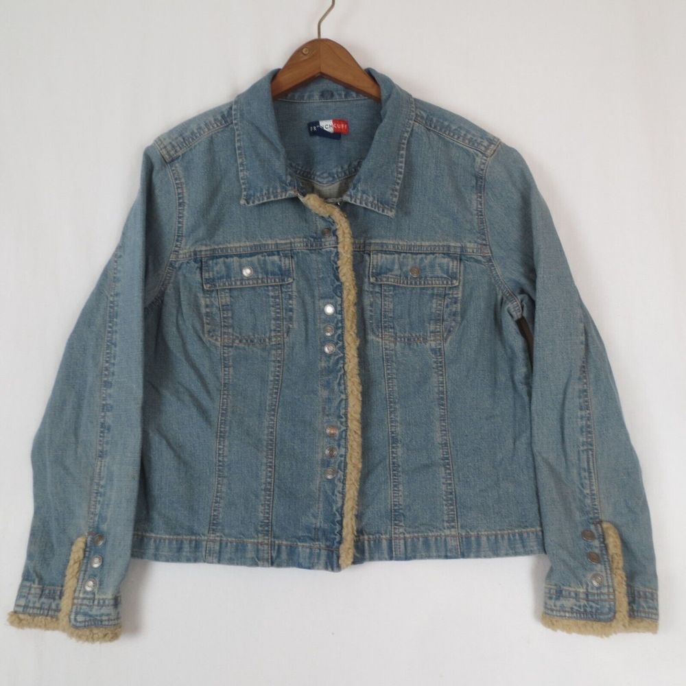French Cuff Denim Jean Jacket Womens XL Blue Snap Up Sherpa Trim‎